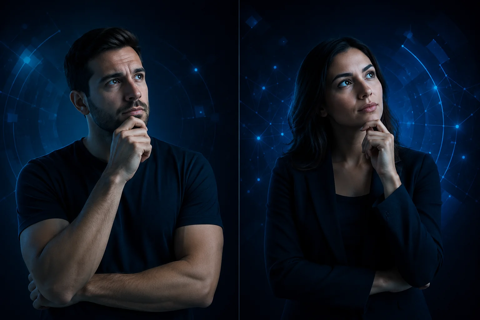 Homem e mulher refletindo antes de tomar uma decisão